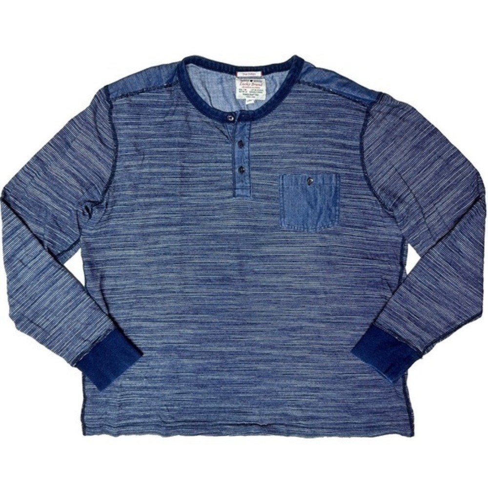 Lucky Brand Men’s Striped Spacedye Blue Henley Shirt with Chambray Shoulders XL